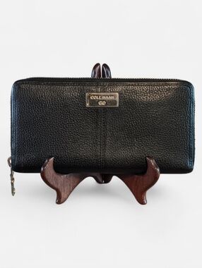 COLE HAAN Metal Plate Long Wallet Leather Black Women's L-shaped Zipper